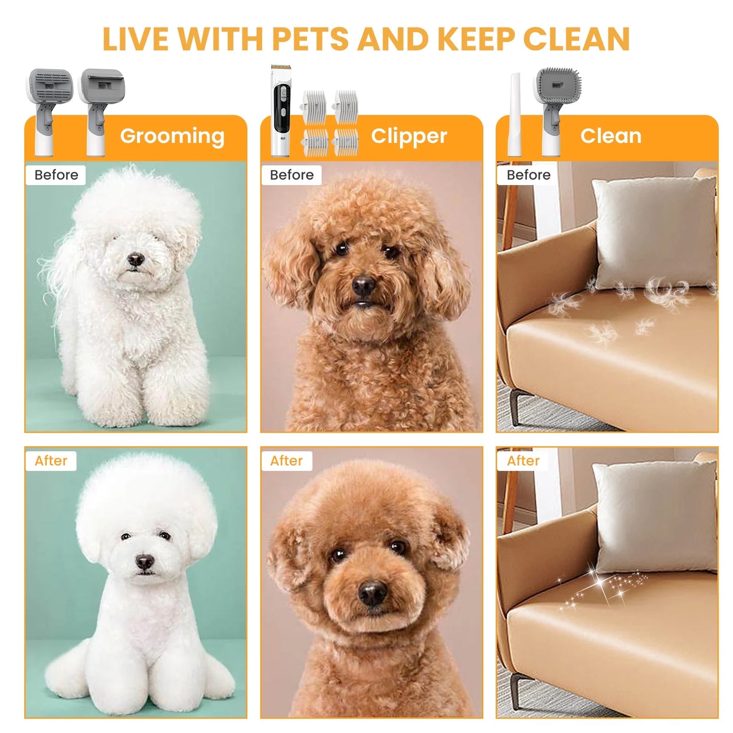 Pet Grooming Vacuum for Dogs & Cats, 13Kpa Suction, 5-In-1 Grooming Kit with Low Noise, 2.5L Dust Cup, Wireless Clippers, Deshedding Brush – Professional At-Home Pet Hair Cleaner