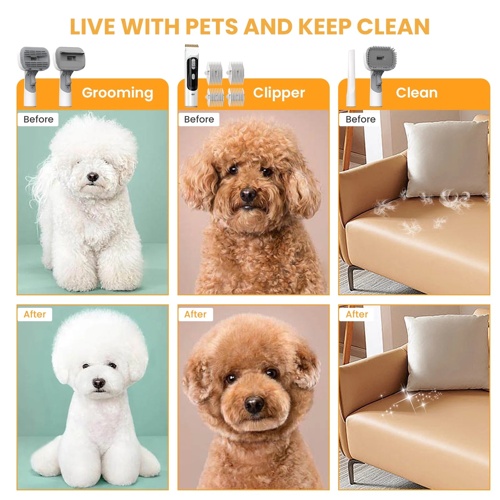 Pet Grooming Vacuum for Dogs & Cats, 13Kpa Suction, 5-In-1 Grooming Kit with Low Noise, 2.5L Dust Cup, Wireless Clippers, Deshedding Brush – Professional At-Home Pet Hair Cleaner